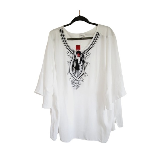 Avenue 26/28 Sheer Tassel Tie 3/4 Bell Sleeve White Blouse NWT *Missing 1 Tassel - Picture 1 of 10